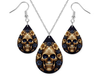 Blue and Gold Skull Earrings and Necklace Set - Sew Lucky Embroidery