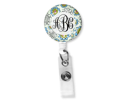 Blue and Green Floral Monogram Badge Reel