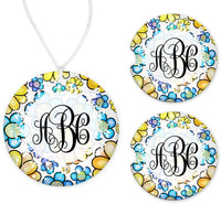 Blue and Yellow Floral Personalized Car Charm and set of 2 Sandstone Car Coasters - Sew Lucky Embroidery