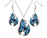 Blue Butterfly with Swirls Earrings and Necklace Set - Sew Lucky Embroidery