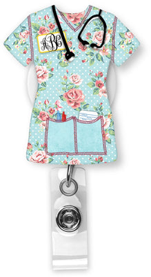 Blue Floral Scrubs Monogram Badge Reel