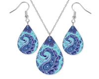 Blue Paisley Teardrop Earrings and Necklace Set - Sew Lucky Embroidery