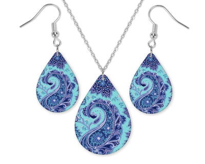 Blue Paisley Teardrop Earrings and Necklace Set