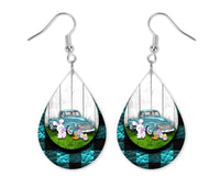 Blue Plaid Easter Truck Teardrop Earrings - Sew Lucky Embroidery