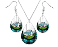 Blue Plaid Easter Truck Teardrop Earrings and Necklace Set - Sew Lucky Embroidery