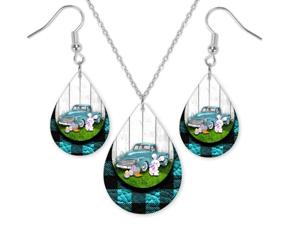 Blue Plaid Easter Truck Teardrop Earrings and Necklace Set