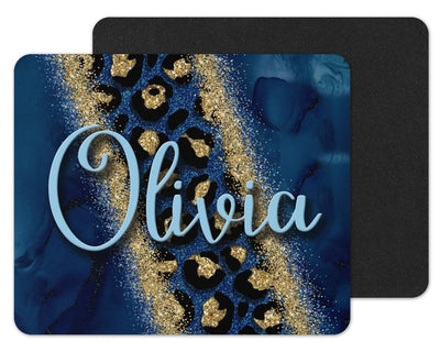 Blue Swirls and Leopard Glitter Custom Personalized Mouse Pad