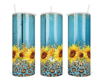 Blue Wood Sunflower 20 oz insulated tumbler with lid and straw - Sew Lucky Embroidery