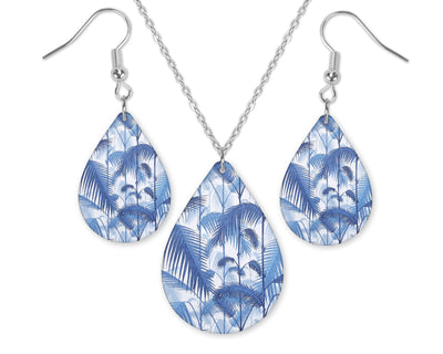 Blue Palm Trees Teardrop Earrings and Necklace Set