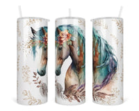 Boho Horse 20 oz insulated tumbler with lid and straw - Sew Lucky Embroidery