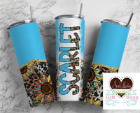 Boho Sunflower Animal Print 20 oz insulated tumbler with lid and straw - Sew Lucky Embroidery