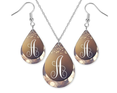 Brokeh Brown Marquee Monogrammed Teardrop Earrings and Necklace Set