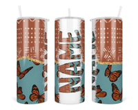 Brown Butterflies Personalized 20oz Insulated Tumbler with Lid and Straw - Sew Lucky Embroidery