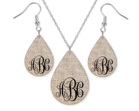 Burlap Tan Monogrammed Teardrop Earrings and Necklace Set - Sew Lucky Embroidery