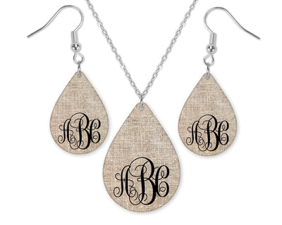 Burlap Tan Monogrammed Teardrop Earrings and Necklace Set