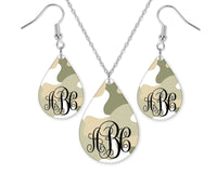 Camo Monogrammed Teardrop Earrings and Necklace Set - Sew Lucky Embroidery