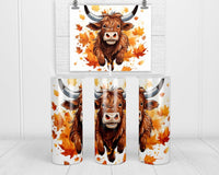 Cartoon Leaping Fall Highland Cow 20 oz insulated tumbler with lid and straw - Sew Lucky Embroidery