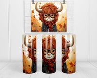 Cartoon Leaping Fall Highland Cow 20 oz insulated tumbler with lid and straw - Sew Lucky Embroidery