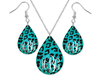 Cheetah Print Monogrammed Teardrop Earrings and Necklace Set