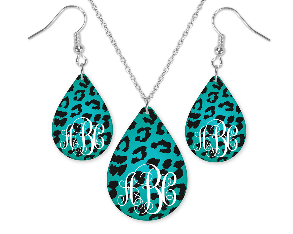 Cheetah Print Monogrammed Teardrop Earrings and Necklace Set - Sew Lucky Embroidery