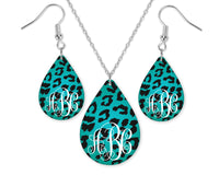 Cheetah Print Monogrammed Teardrop Earrings and Necklace Set - Sew Lucky Embroidery