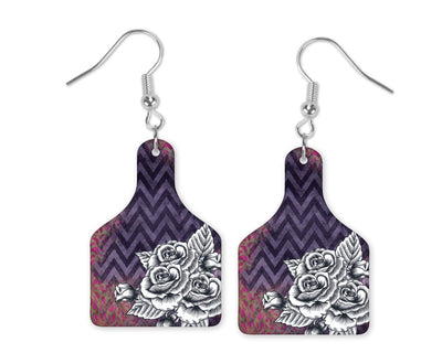 Chevron Roses Cow Tag Earrings