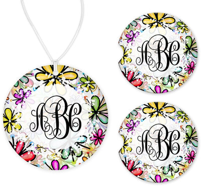 Colorful Floral Mongram Car Charm and set of 2 Sandstone Car Coasters