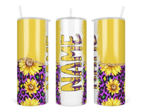 Colorful Leopard and Sunflowers Personalized 20oz Insulated Tumbler with Lid and Straw - Sew Lucky Embroidery