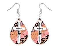 Colorful Leopard Faith Cross Teardrop Earrings - Sew Lucky Embroidery