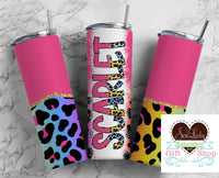 Colorful Pink Leopard Personalized 20 oz insulated tumbler with lid and straw - Sew Lucky Embroidery