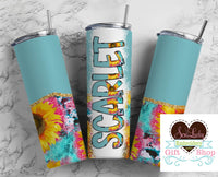 Colorful Sunflower and Cow Print Personalized 20oz Insulated Tumbler with Lid and Straw - Sew Lucky Embroidery