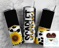 Cow Print and Sunflowers Personalized 20oz Insulated Tumbler with Lid and Straw - Sew Lucky Embroidery