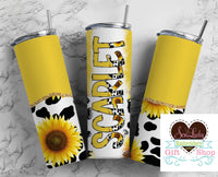 Cow Print and Yellow Sunflowers Personalized 20oz Insulated Tumbler with Lid and Straw - Sew Lucky Embroidery