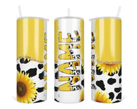 Cow Print and Yellow Sunflowers Personalized 20oz Insulated Tumbler with Lid and Straw - Sew Lucky Embroidery