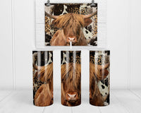 Cow Print Highland Cow 20 oz insulated tumbler with lid and straw - Sew Lucky Embroidery