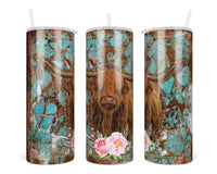 Cow with Pink Flowers Personalized 20oz insulated tumbler with lid and straw - Sew Lucky Embroidery