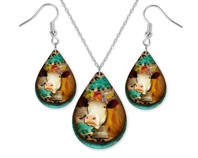 Cow with Teal and Leopard Teardrop Earrings and Necklace Set