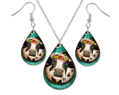 Cow with Teal Teardrop Earrings and Necklace Set