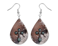 Cow Hide Cross Teardrop Earrings