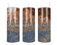 Cowhide Leather and Glitter Personalized 20 oz insulated stainless steel tumbler with lid and straw - Sew Lucky Embroidery