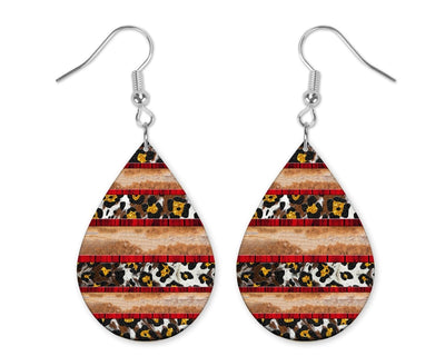 Cowhide Leopard and Red Stripes Handmade Wood Earrings