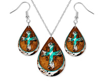 Teal Cross and Cowhide Earrings and Necklace Set - Sew Lucky Embroidery