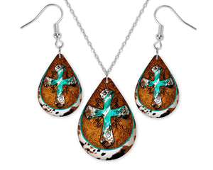 Teal Cross and Cowhide Earrings and Necklace Set