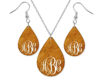 Cracked Leather Design Monogrammed Teardrop Earrings and Necklace Set - Sew Lucky Embroidery