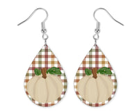 Cream Pumpkin on Plaid Teardrop Earrings - Sew Lucky Embroidery