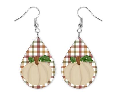 Cream Pumpkin on Plaid Teardrop Earrings