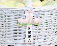 Cross with Bunny Easter Basket Tag for Boy or Girl - Sew Lucky Embroidery