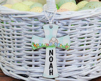 Cross with Bunny Easter Basket Tag for Boy or Girl - Sew Lucky Embroidery