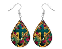 Cross with Leopard Print Teardrop Earrings - Sew Lucky Embroidery