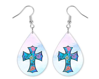 Cross with Roses Teardrop Earrings